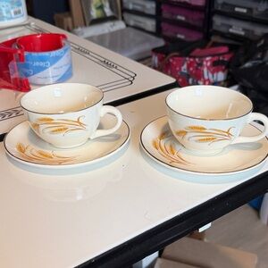 Vintage Golden Wheat Tea Cups & Saucers - Set of 2
